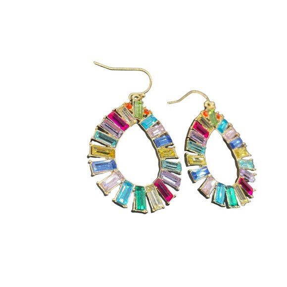 Multicolor Rhinestone Open Teardrop Earrings Gold Tone Rainbow Colorful - Picture 2 of 5